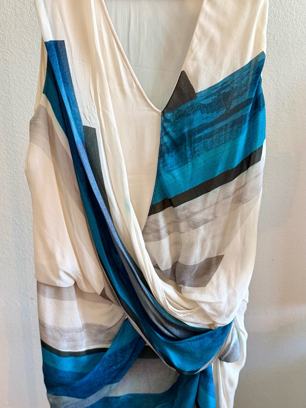 Helmut Lang Teal, Ivory & Gray Draped V-Neck Dress